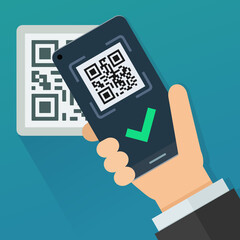 Reading a QR code with a smartphone (flat design) - obrazy, fototapety, plakaty