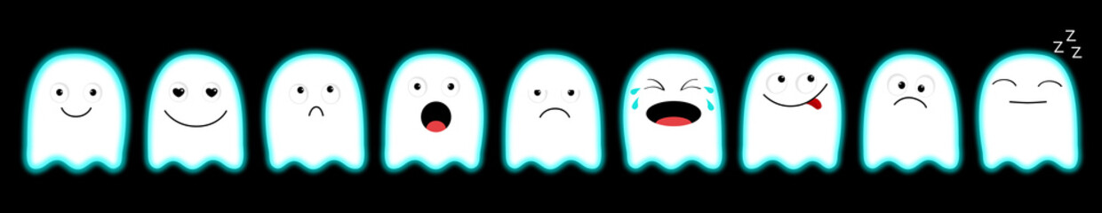 Cute ghost set line. Emoji icon. Happy Halloween. Emoticons. Funny kawaii cartoon characters. Scary white glowing ghosts. Neon blue effect. Emotion collection. Flat design. Black background © worldofvector