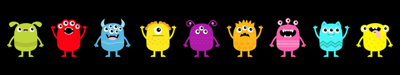 Monster icon set line banner. Happy Halloween. Funny head face colorful silhouette. Cute cartoon kawaii baby character. Eyes horn teeth fang tongue. Hands up, down. Flat design. Black background.
