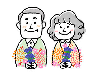 花束を持って笑っているシニアの夫婦または両親のイラスト