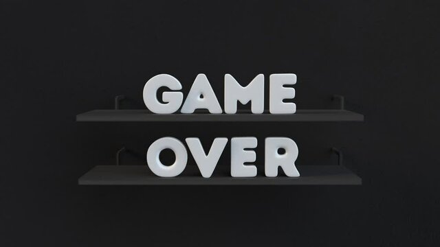 Game over white text on black shelves. 3D render animation