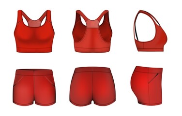 Red women sports bra, crop top, shorts mockup set, vector illustration. Sportswear fashion, training clothes template.