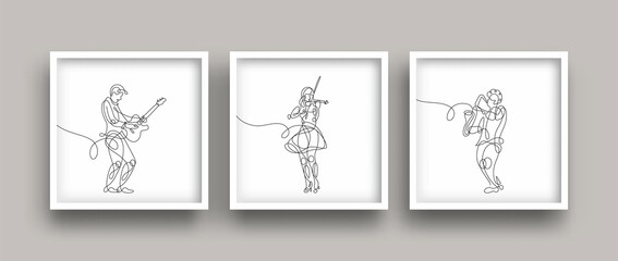 One line drawing of musician performing and playing music. Minimalist poster art set.