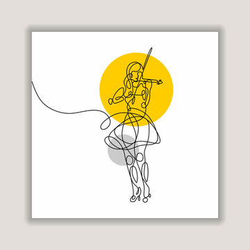 Single line drawing girl playing violin, female woman perform music. Minimalist looping style hand drawn.