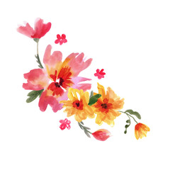 Cute watercolor red and yellow flowers. Hand painted illustration