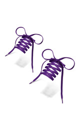 Subject shot of violet shoe strings with thin tips. Flat shoe laces are tied in bows and hanging in the air on the white background. 