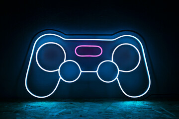 Neon sign joystick pink, blue and white color. Trendy style. Neon sign. Custom neon. Summer vibe. Play game.