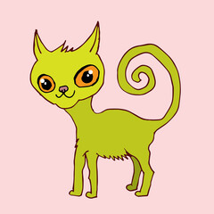 

An illustration of a funny green cat. He has big orange eyes and a curly tail.
