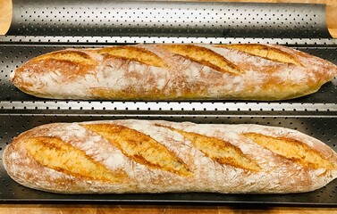Close up of French baguettes homemade  already cooked and ready for sale or eat at home.