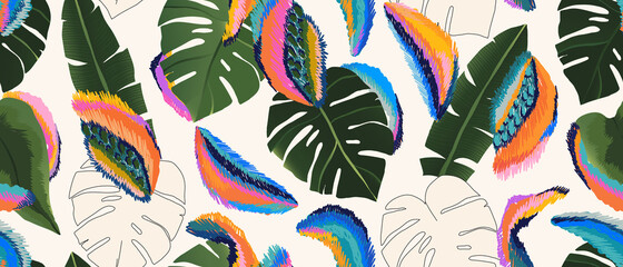 Bright modern monstera collage artistic print. Colorful contemporary seamless pattern. Hand drawn cartoon style.