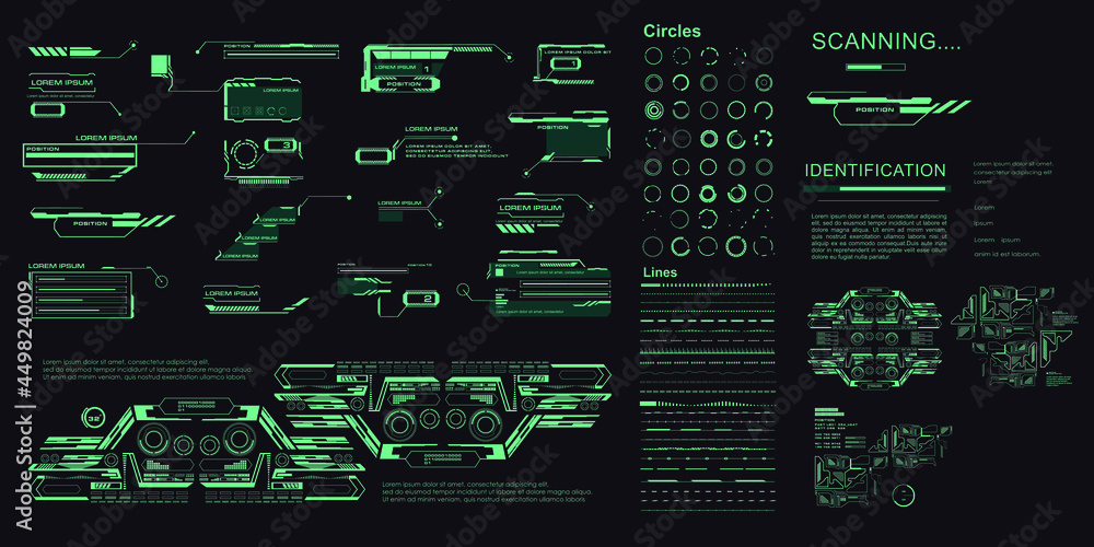 Poster set futuristic hud user interface elements. set of objects for the user interface hud, gui, ui. circ