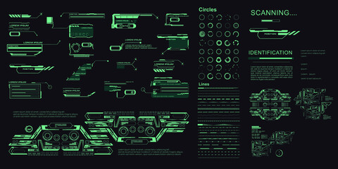 Set futuristic HUD user interface elements. Set of objects for the user interface HUD, GUI, UI. Circles, number boxes, titles, and callouts