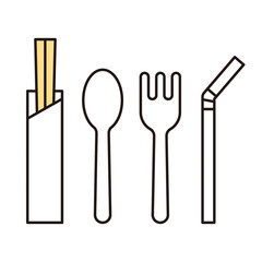 シンプル　イラスト　割り箸、スプーン、フォーク、ストローのベクターイラスト