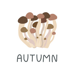Pretty autumn mood decoration with honey mushrooms and hand-drawn text - Autumn. For cards, banners, t-shirts, cups, etc. Vector doodle illustration isolated on white background.