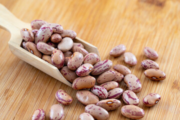 Raw Organic cranberry bean on wooden background.