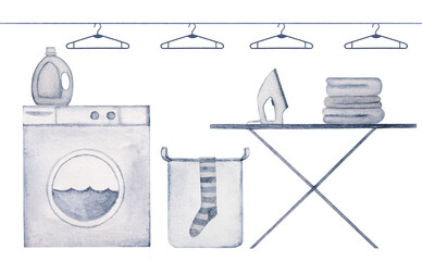 Beautiful watercolor drawings of things and objects. Closeup, no people.Concept of washing and cleaning