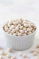 Raw Organic White Haricot bean on white background