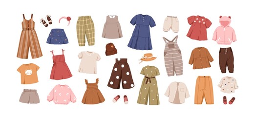 Modern kids clothes set. Summer fashion garments for boys and girls. Collection of stylish casual children wearing. Flat vector illustration of childish dresses and pants isolated on white background