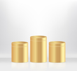 Modern three gold cylinder pedestal podium, minimal, Stage for awards on website,  Abstract room,