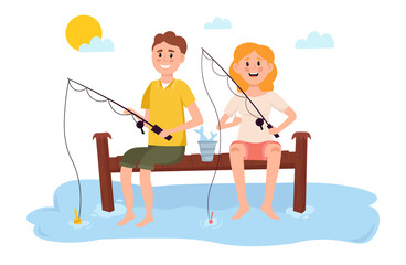 Tourists on summer vacation. Couple are fishing with rods on lake for weekend holiday. Vector illustration.