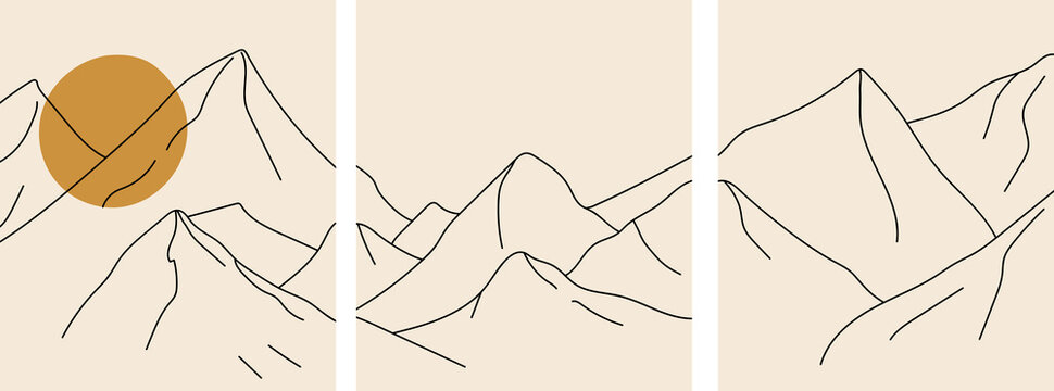 Collection of modern artistic minimalistic landscapes (posters): mountains and sun (sunrise, hand-drawn, sketch) on a beige background