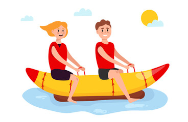 Tourists on summer vacation. Happy couple, man and woman are riding banana boat in the sea. Vector illustration.