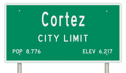 Rendering of a green Colorado highway sign with city information
