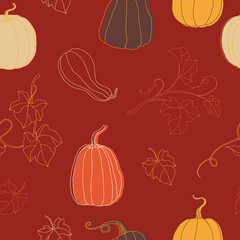 Hand drawn pumpkins with leaves vector seamless pattern. Vector illustraation can be used for fabrics, wallpaper, web, invitation, card.