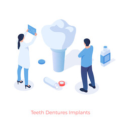 Teeth dental implants. Orthodontist test new artificial tooth for quality. Modern medical technologies for implantation of realistic oral prostheses. Vector illustration isometric template