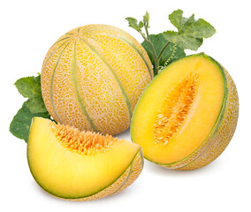 Yellow melon or cantaloupe melon with seeds isolated on white background, US Muskmelon on white background With clipping path.