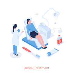 Dental treatment and prophylaxis. Dentist examines patients mouth. Stomatology and therapy of teeth and gums. Procedure for healthcare caries and periodontal disease. Vector isometric illustration