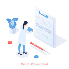 Dentistry patients card. Dentist examines dental tomograms on digital stomatology document. Protected treatment account with medical health data. Vector illustration isometric template