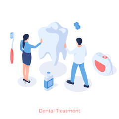 Dental treatment and prophylaxis. Oral cavity and removal calculus. Stomatology whitening enamel and daily cleaning of gums. Modern examination and healthcare. Vector illustration isometric