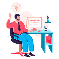 Programmer working at office concept. Developer writes code on computer sitting at desk. Software and programs development character scene. Vector illustration in flat design with people activities