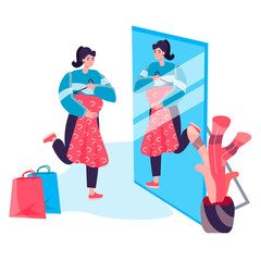 Shopping woman concept. Customer tries on dress in fitting room in front of mirror, chooses fashionable stylish outfit character scene. Vector illustration in flat design with people activities