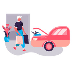 Shopping man concept. Man buyer carrying purchases and loading bags into car. Customer buying at shop or supermarket character scene. Vector illustration in flat design with people activities
