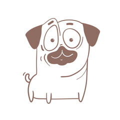 Cute funny pug puppy, friendly amusing dog caricature cartoon. Outline happy animal design for coloring page or book. Vector illustration.