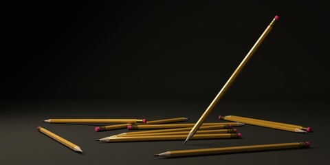 Pencils on a dark background. Creative template for your text. 3d illustration