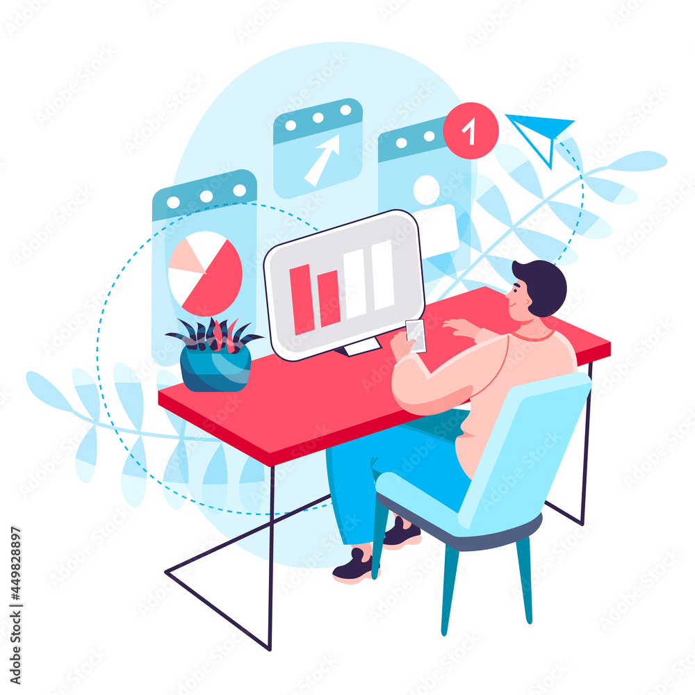 Poster business process concept. analyst analyzes data, man works with statistics at computer. optimization