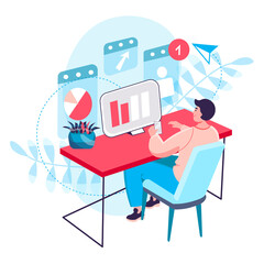 Business process concept. Analyst analyzes data, man works with statistics at computer. Optimization and develops strategy character scene. Vector illustration in flat design with people activities