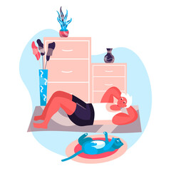 Fitness workout concept. Man exercises press lying on floor with cat. Active sport, wellness, body training, sportsman character scene. Vector illustration in flat design with people activities