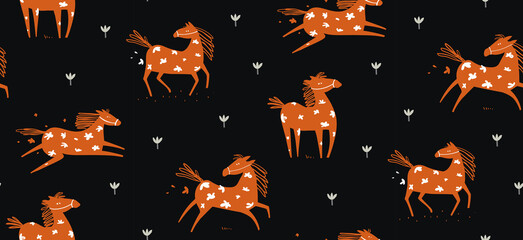 Wild abstract horse seamless pattern, horses running in the field with flowers on black, scandinavian style freehand animal doodle dark background. Vector hand drawn textile design. © Popmarleo