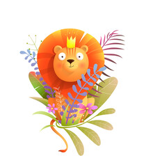 Adorable African baby lion king with flowers and leaves decoration. Cartoon watercolor style lion for children, adorable animal mascot. Isolated clipart for sticker, baby shower and kids design.