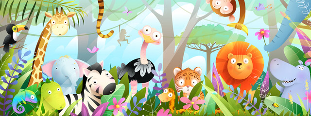 Kids animals in jungle cute friends in the wild tropical forest. Many adorable safari or zoo animals in nature. Horizontal panorama for kids and children, vector art illustration. - 449829883