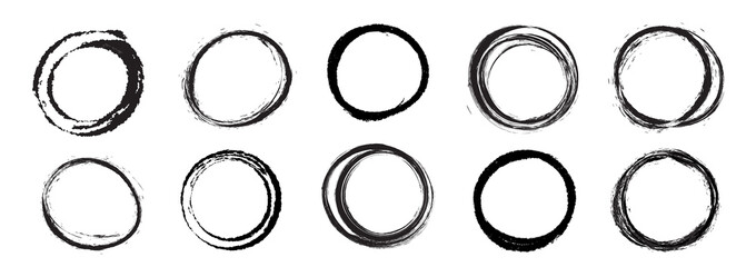 Hand drowning circle line sketch vector set. Highlighter marks, strokes, Art brush design round circular scribble doodle graffiti bubble or ball draft illustration for logo and text.