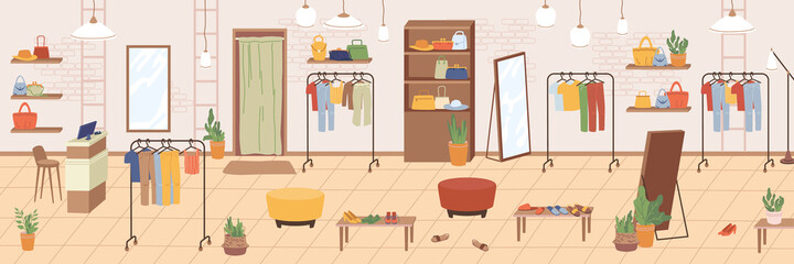 Interior of woman shopping footwear, cloth and accessories store flat cartoon illustration. Vector empty clothing shop interior, fashionable apparel for stylish women. Fitting room and mirrors