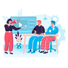 Digital marketing concept. Marketers developing online promotion strategy, making advertising campaign with video content character scene. Vector illustration in flat design with people activities
