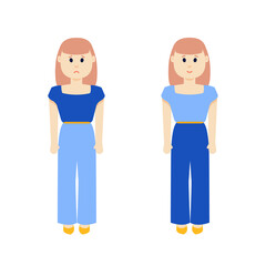 Set of happy and sad women. Cartoon people character vector illustration. Failed and successful entrepreneur. Problem solving concept.