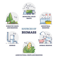 Sources of biomass energy as alternative power in outline collection diagram. Educational labeled set with recycled municipal solid waste, residues, sewage and forestry crops vector illustration. - obrazy, fototapety, plakaty