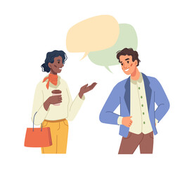 Multiethnic people afro american woman and caucasian man talking, speech bubbles over heads, flat cartoon characters. Vector talking coworkers communicating, conversation between business partners
